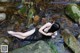 A woman in a black dress laying on a rock in a stream.