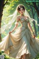 A woman in a wedding dress standing in the woods.